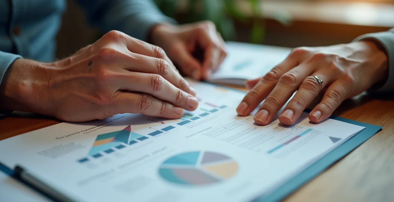 Mains d'une personne âgée et d'un professionnel examinant ensemble un document avec des pictogrammes d'évolution