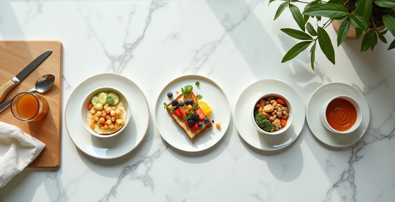 Vue d'ensemble minimaliste d'un planning de repas fractionnés avec petites portions colorées