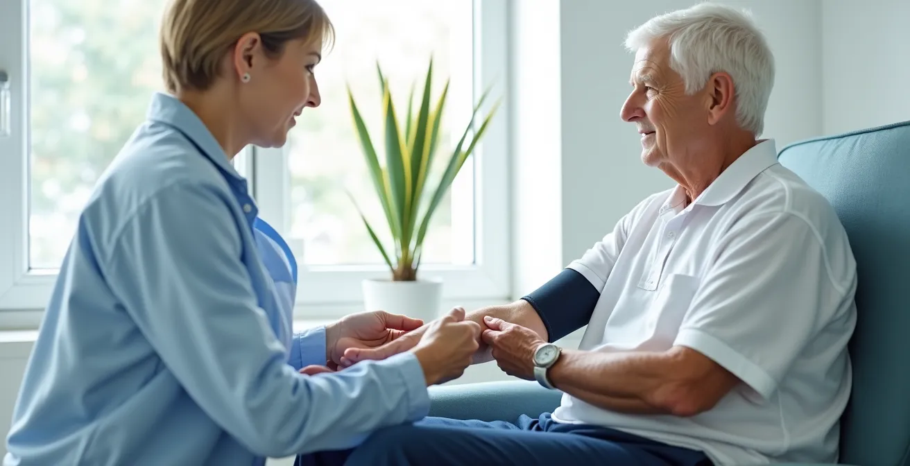 Personne âgée lors d'une prise de sang avec soignant bienveillant dans un environnement médical lumineux
