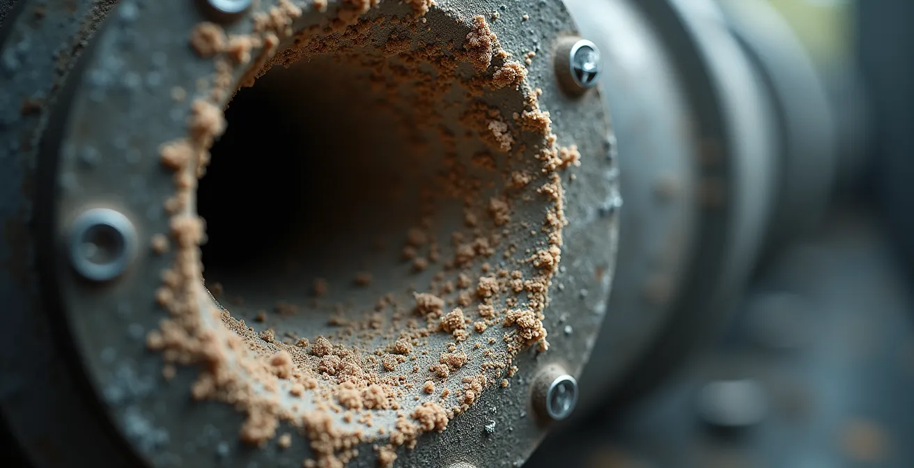 Vue en coupe de gaines de VMC avec accumulation de poussières et biofilm