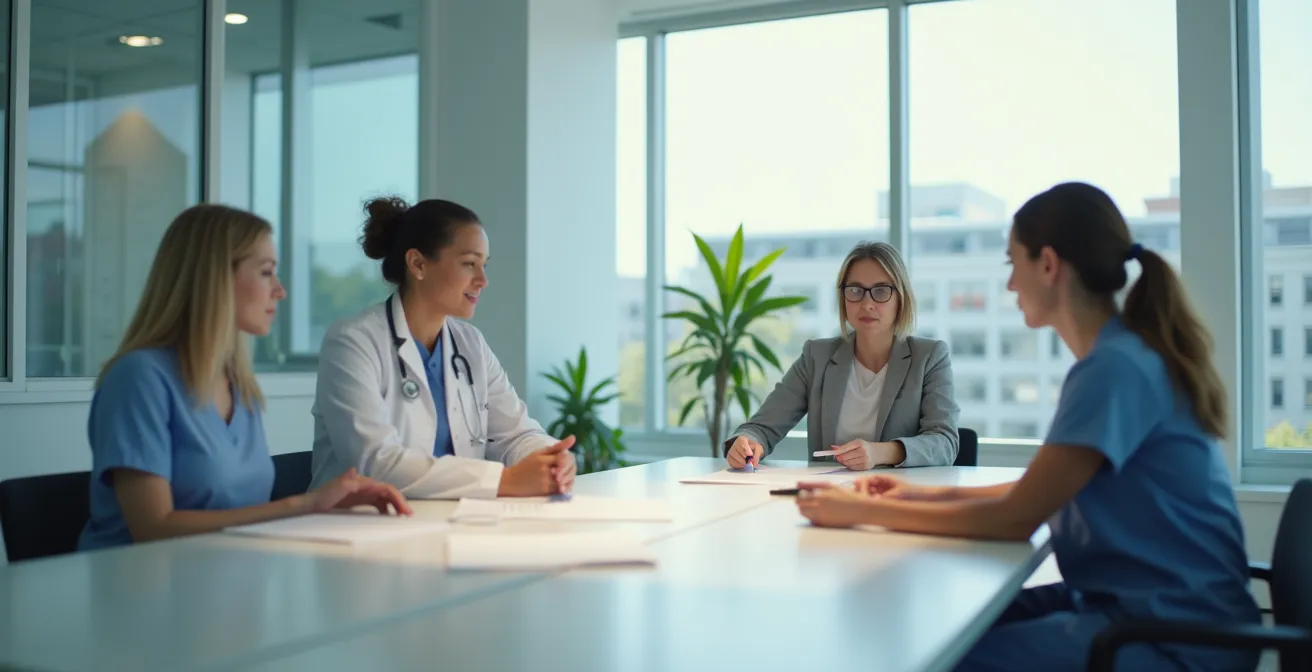 Réunion de coordination entre professionnels médicaux et sociaux autour d'une table