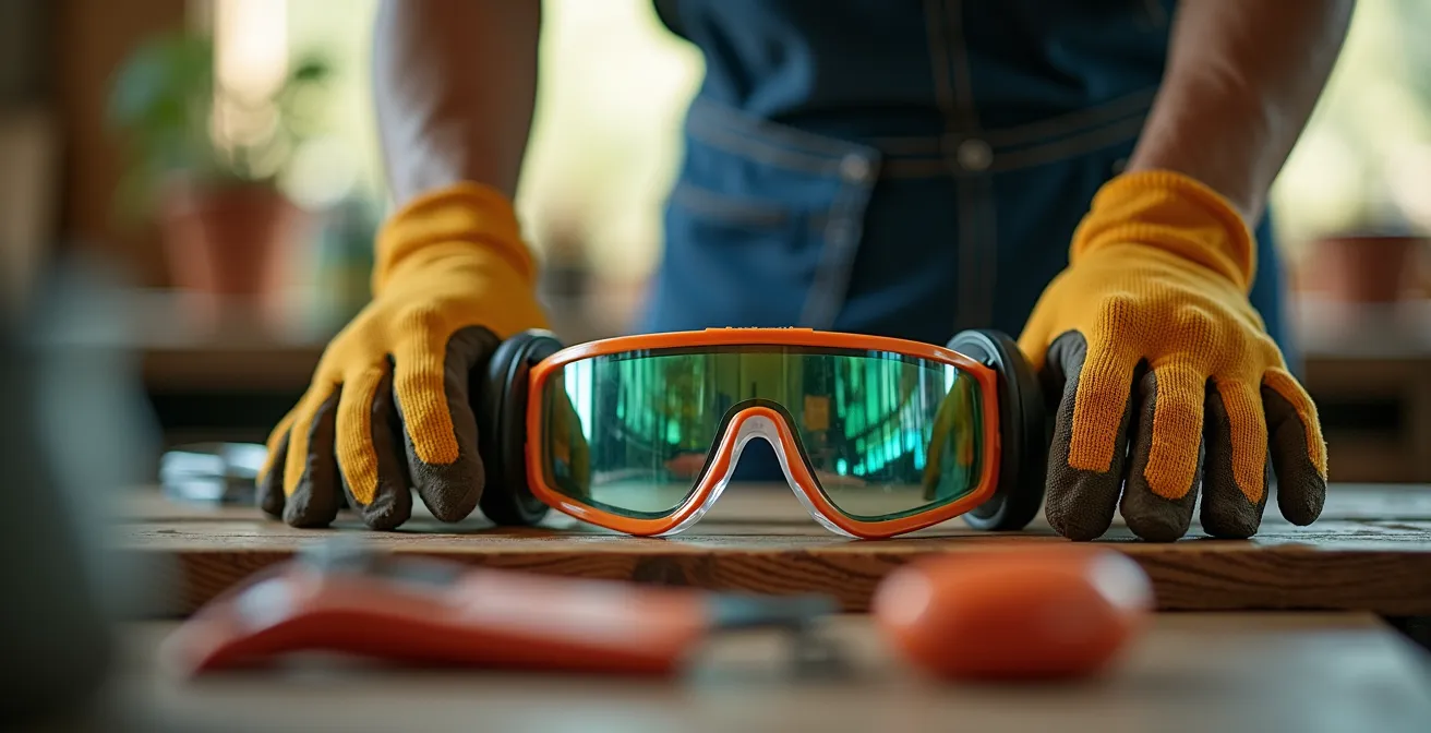 Équipements de protection professionnels pour jardinage posés sur établi en bois