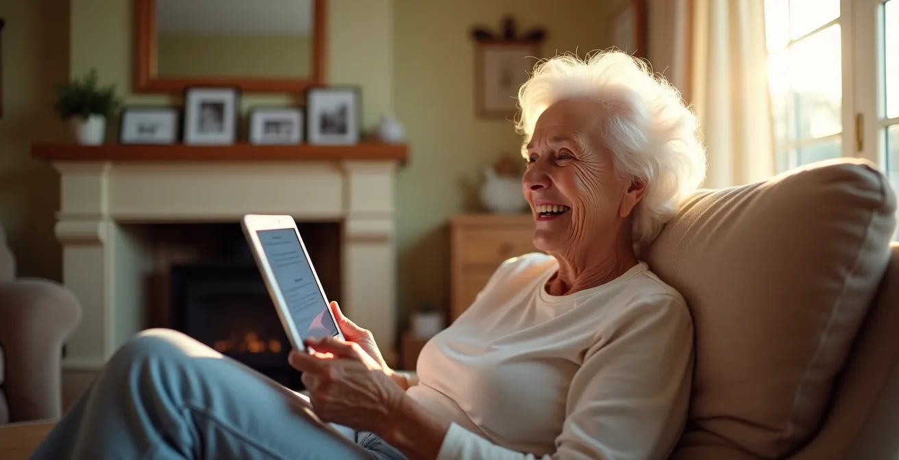 Grand-mère souriante en appel vidéo avec ses petits-enfants sur une tablette dans son salon