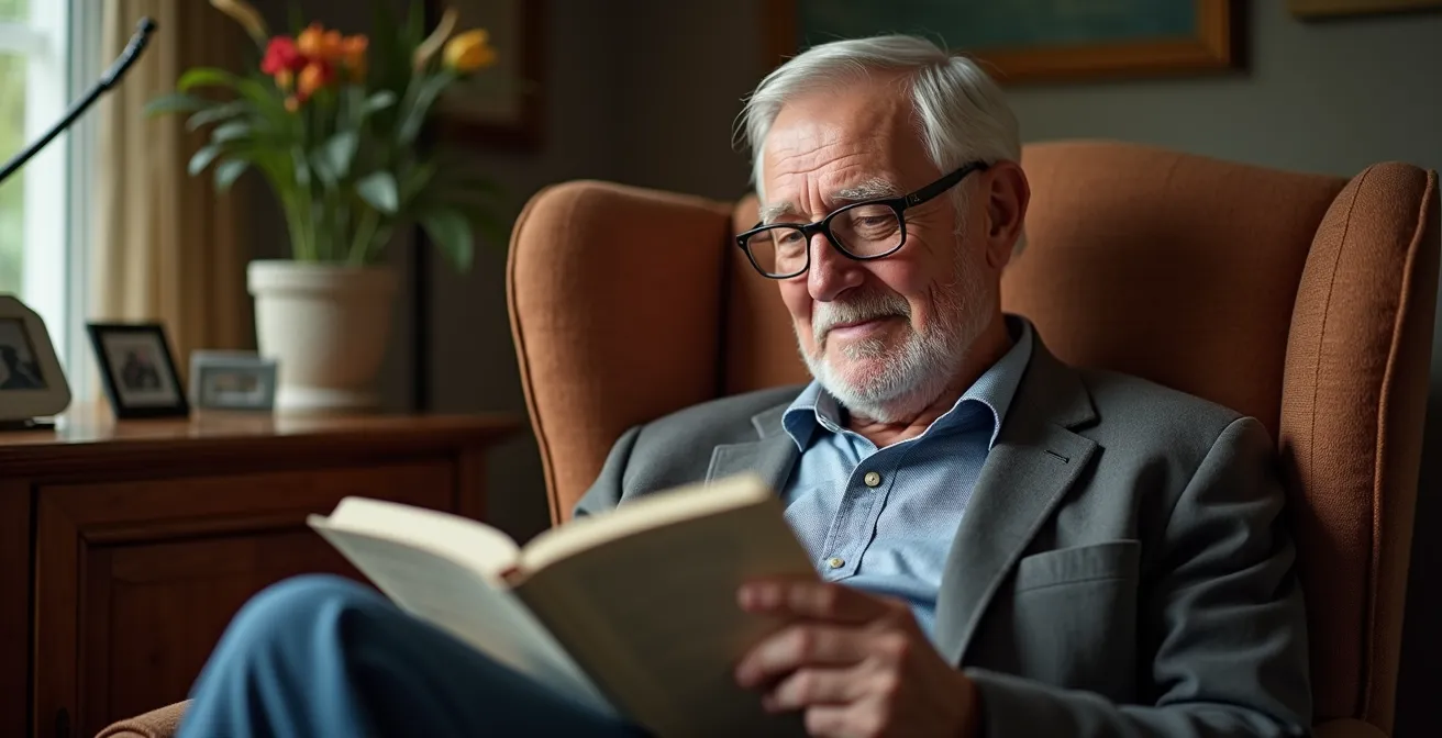 Personne âgée autonome utilisant naturellement la technologie chez elle