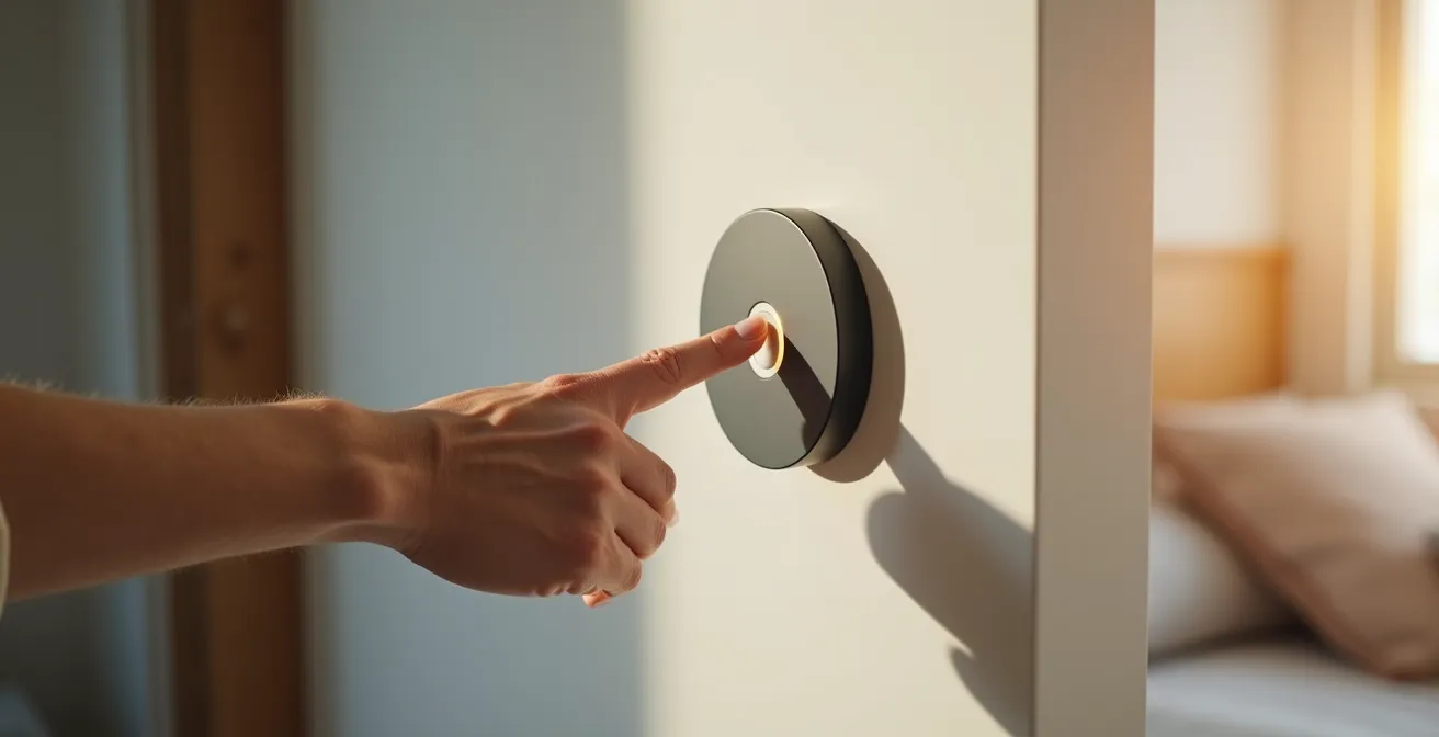 Main âgée appuyant sur un large bouton physique lumineux dans un environnement domestique