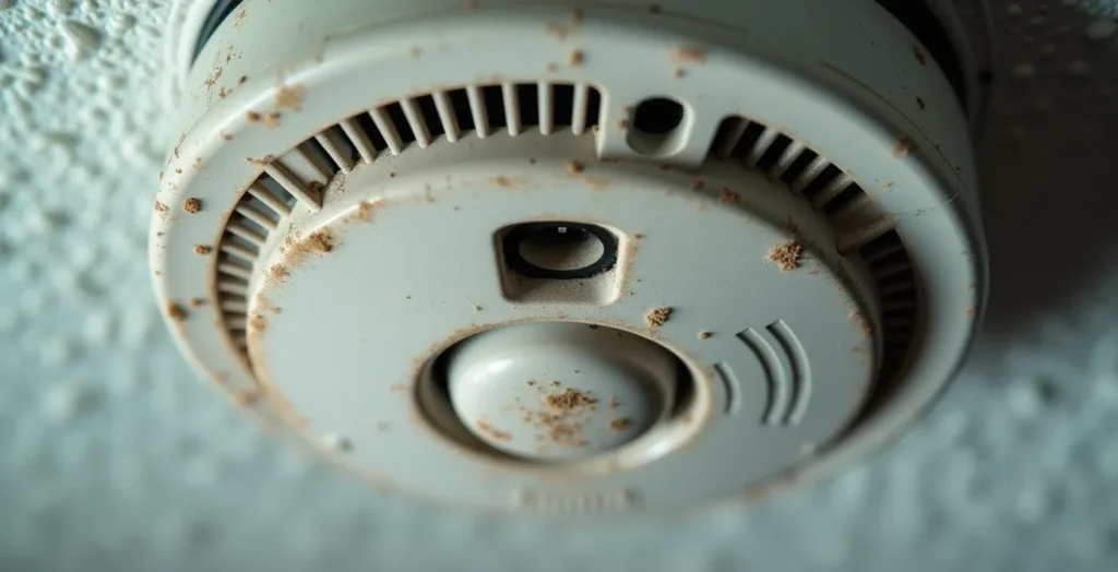 Gros plan sur un détecteur de fumée avec détails techniques visibles Gros plan sur un détecteur de fumée avec détails techniques visibles
